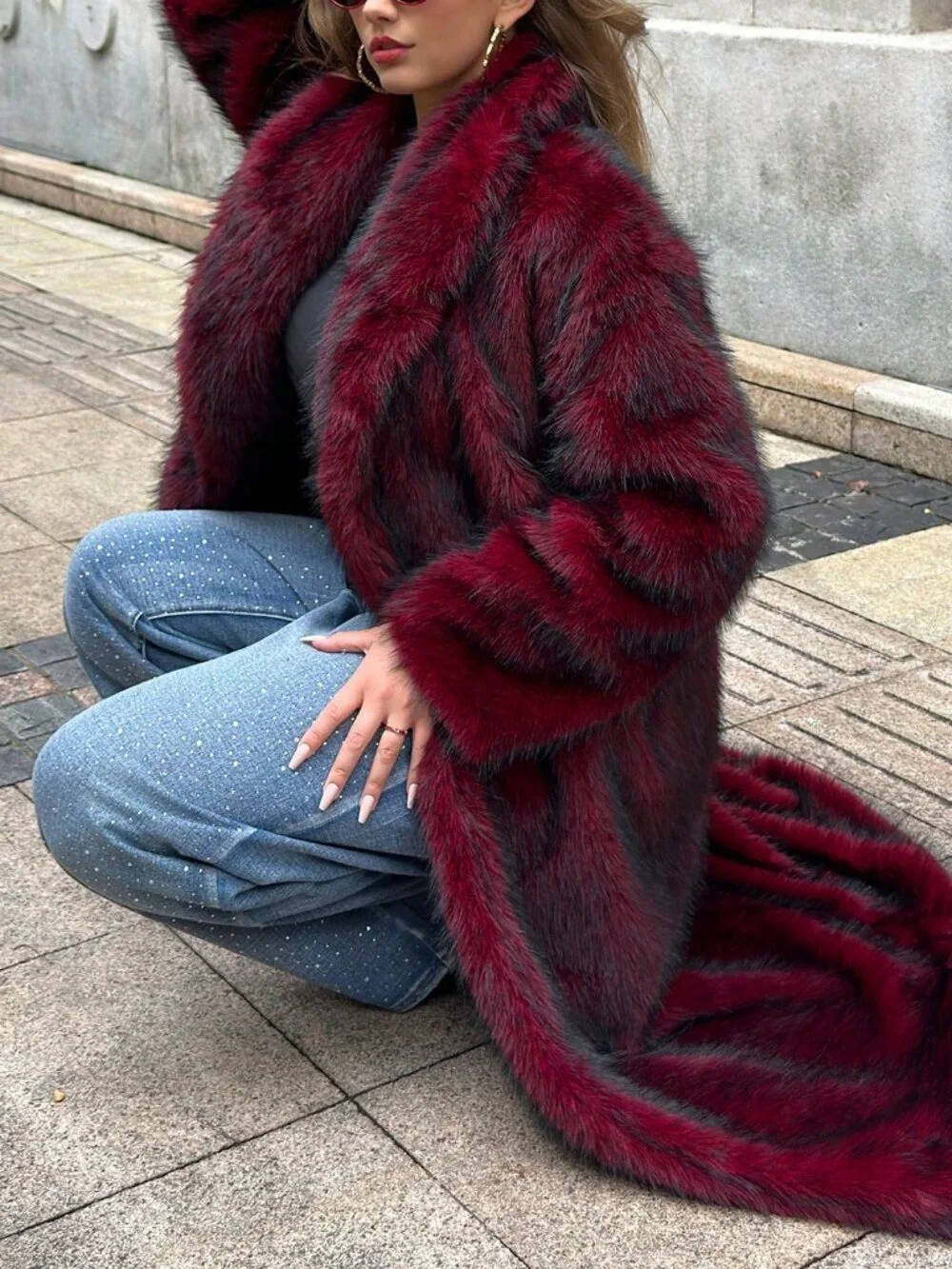 Burgundy Loose Women's Shawl Collared Belted Faux Fur Jacket